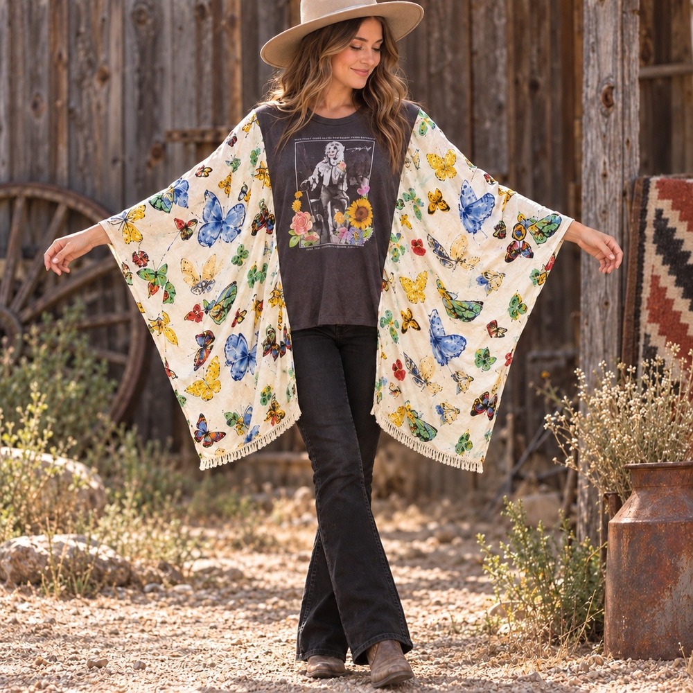 Upcycled Dolly Parton Butterfly Wing Top Short Fringe One Size Boho Festival